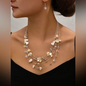 Boho layered wire shell bead rhinestone necklace